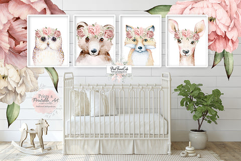 SALE 4 Boho Blush Peony Deer Bear Fox Owl Wall Art Print Baby Girl Nursery Room Floral Watercolor Printable Decor