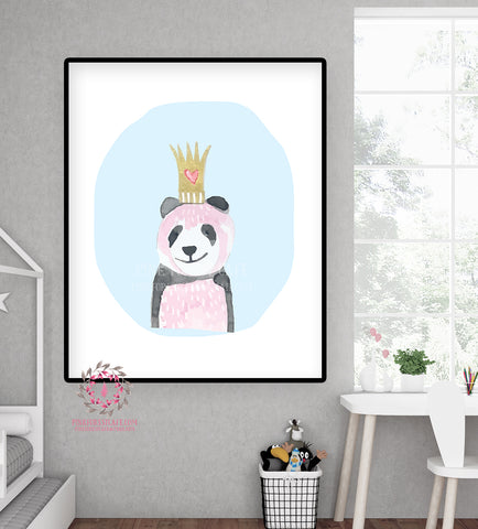 Panda Bear Zoo Animal Wall Art Print Crown Nursery Baby Girl Boy Room Prints Printable Decor