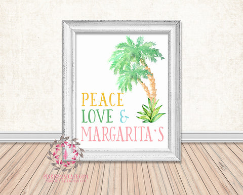 Peace Love Margaritas Watercolor Palm Tree Bar Printable Print Wall Art Poster Home Decor