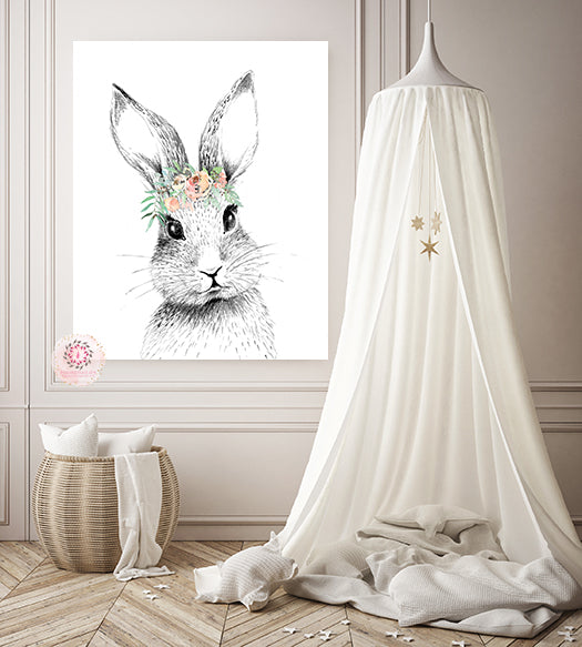 Bunny Rabbit Wall Art Print Boho Woodland Blush Bohemian Floral Nursery Baby Girl Room Set Lot Prints Printable Decor