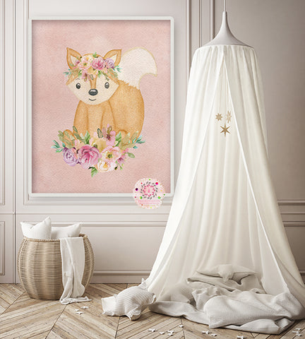 Ethereal Boho Blush Fox Wall Art Print Baby Girl Nursery Room Watercolor Printable Decor