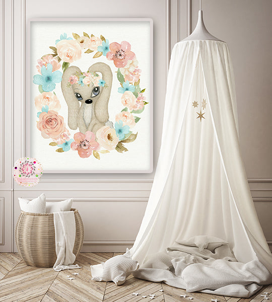 Boho Bunny Ethereal Wall Art Print Baby Girl Nursery Woodland Room Printable Decor