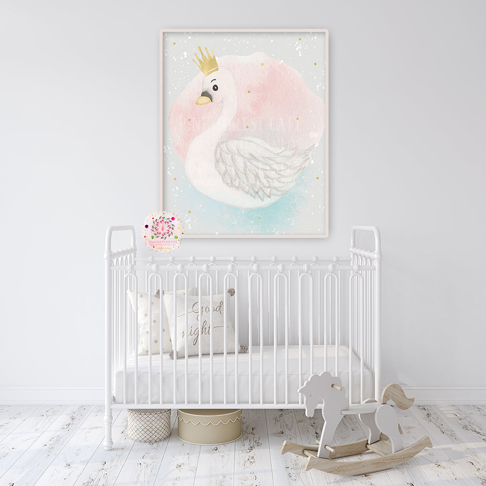 Boho Gold Crown Swan Wall Art Print Watercolor Baby Girl Ethereal Star Nursery Printable Decor