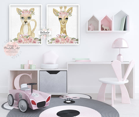 2 Mandala Watercolor Lion Giraffe Wall Art Print Baby Nursery Zoo Blush Floral Jungle Safari Animal Printable Decor