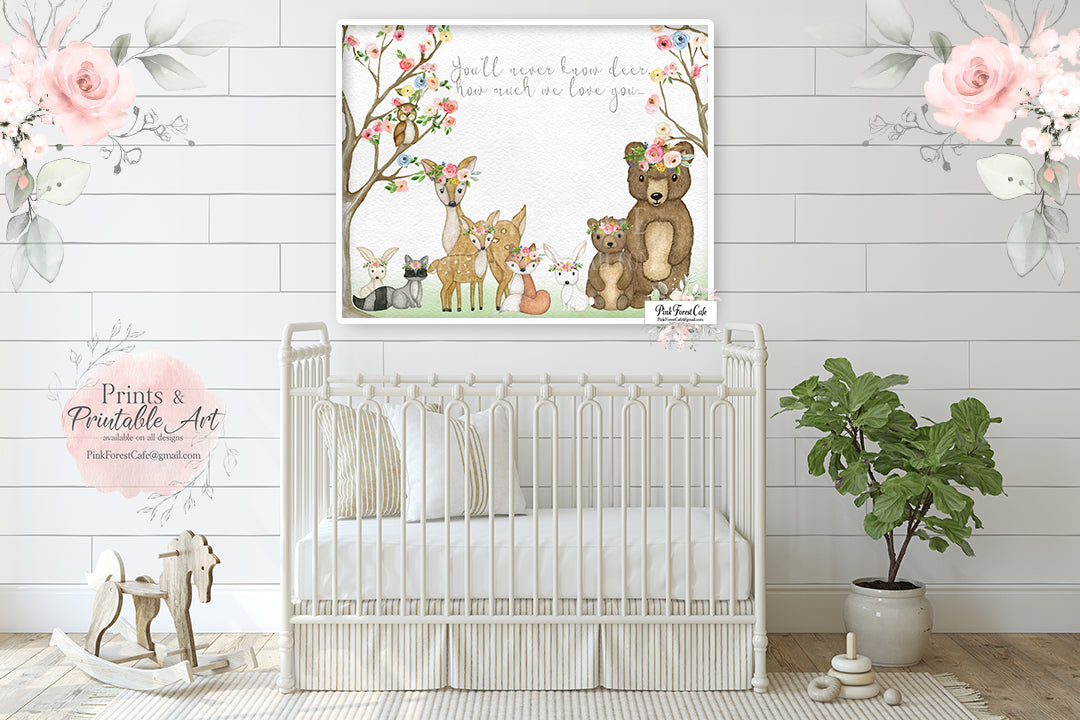 You Are My Sunshine Woodland Wall Art Print Deer Fox Bunny Bear Owl Boho Watercolor Baby Girl Nursery Animals Printable Decor