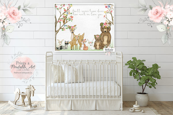 You Are My Sunshine Woodland Wall Art Print Deer Fox Bunny Bear Owl Boho Watercolor Baby Girl Nursery Animals Printable Decor