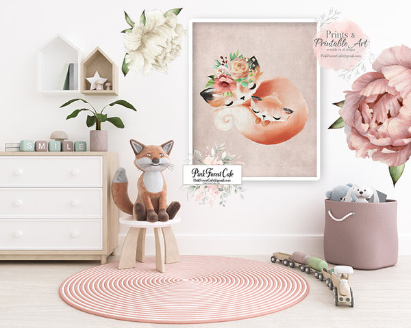 2 Boho Deer Fox Baby Girl Nursery Wall Art Print Ethereal Whimsical Bohemian Floral Woodland Animal Printable Decor