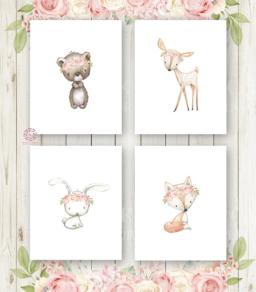 SALE 4 Deer Fox Bunny Rabbit Bear Wall Art Print Woodland Boho Bohemian Floral Nursery Baby Girl Room Set Lot Prints Printable Home Decor