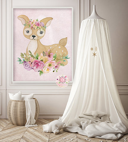 Ethereal Boho Deer Wall Art Print Baby Girl Nursery Room Pink Watercolor Printable Decor