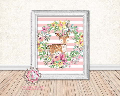 Deer Woodland Boho Floral Nursery Baby Girl Printable Print Wall Art Decor