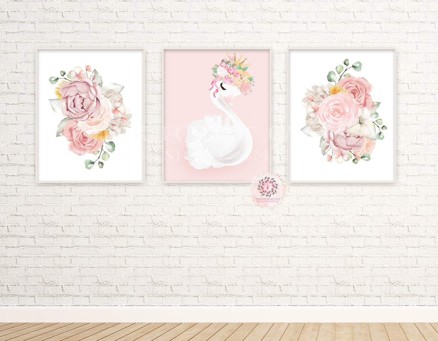 3 Boho Swan Baby Girl Nursery Wall Art Print Ethereal Pink Blush Peonies Whimsical Floral Printable Peony Decor