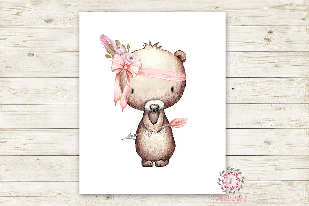 Boho Pink Bear Wall Art Print Woodland Bohemian Floral Nursery Baby Girl Room Arrow Printable Decor