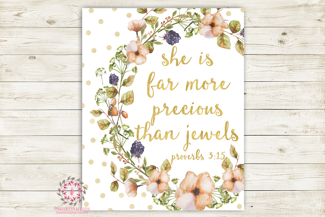 Boho She Is Far More Precious Than Jewels Wall Art Print Baby Nursery Proverbs 3:15 Bible Verse Home Printable Decor