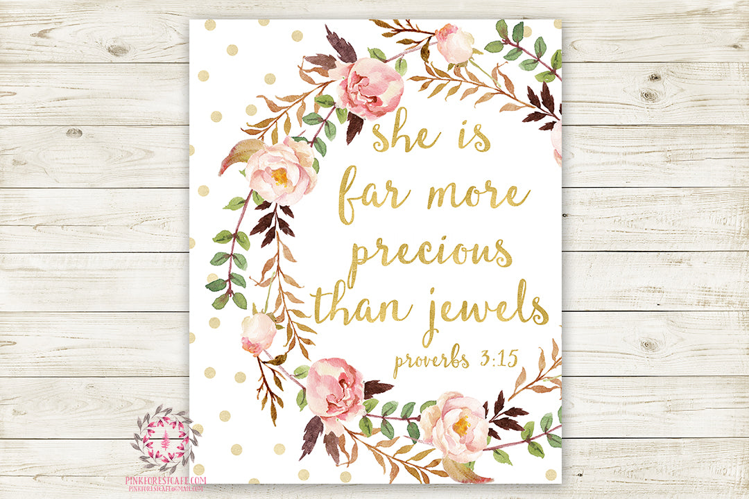 Boho She Is Far More Precious Than Jewels Wall Art Print Baby Nursery Proverbs 3:15 Bible Verse Home Printable Decor