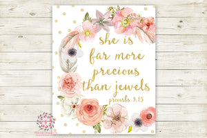 Boho She Is Far More Precious Than Jewels Wall Art Print Baby Nursery Proverbs 3:15 Bible Verse Home Printable Decor