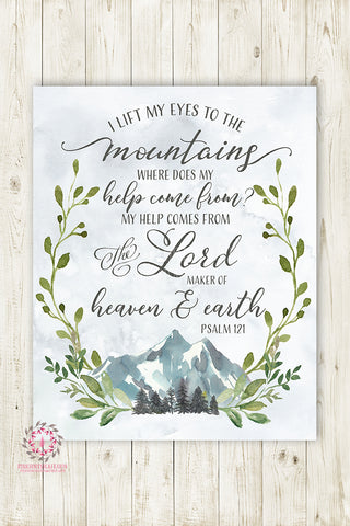 Psalm 121 I Lift My Eyes To The Mountains Woodland Wall Art Print Nursery Bible Verse Pine Trees Mountain Scene Boho Boy Girl Gender Neutral Kids Bedroom Trend Printable Decor