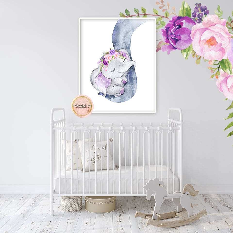 Purple Elephant Wall Art Print Feather Peony Nursery Baby Girl Room Watercolor Peonies Zoo Animal Safari Printable Decor