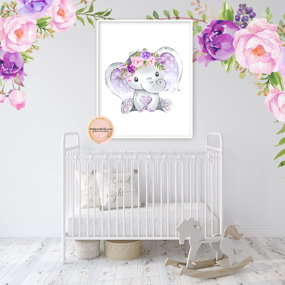 Purple Elephant Wall Art Print Feather Peony Nursery Baby Girl Room Watercolor Peonies Zoo Animal Safari Printable Decor