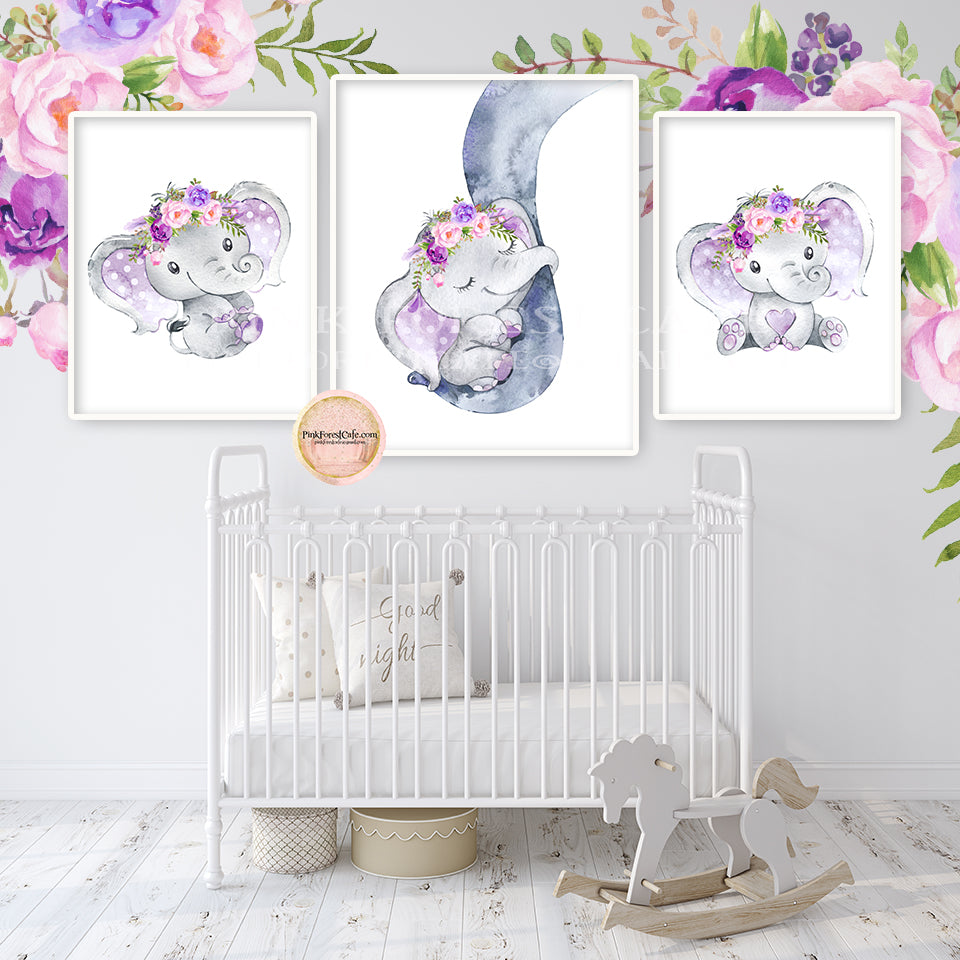 3 Purple Elephant Wall Art Print Feather Peony Nursery Baby Girl Room Watercolor Peonies Zoo Animal Safari Printable Decor