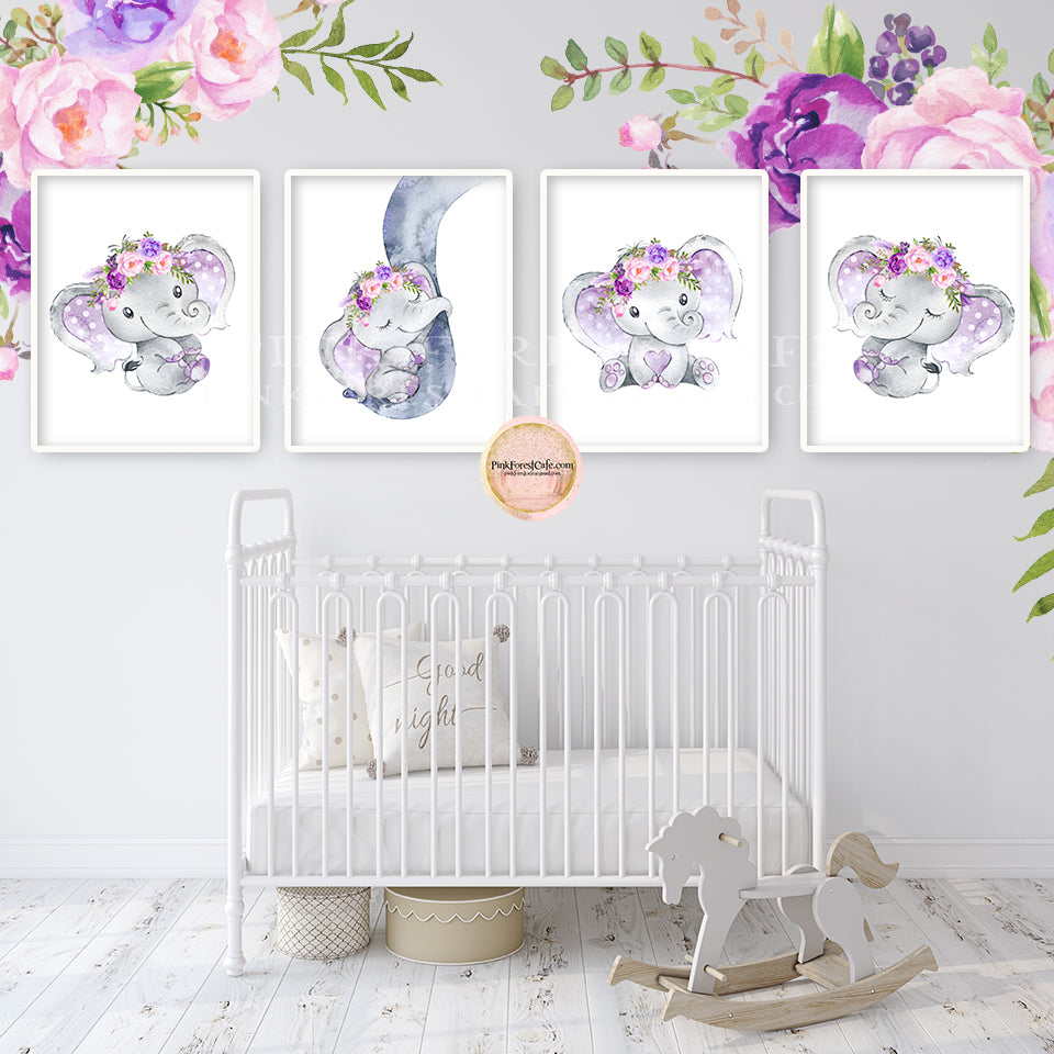 4 Purple Elephant Wall Art Print Feather Peony Nursery Baby Girl Room Watercolor Peonies Zoo Animal Safari Printable Decor