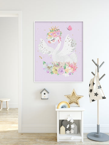 Purple Boho Swan Baby Girl Nursery Wall Art Print Ethereal Gold Crown Floral Whimsical Bohemian Ethereal Printable Decor