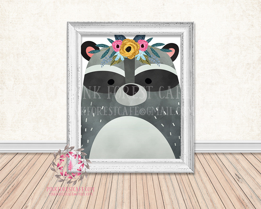 Boho Raccoon Woodland Printable Print Wall Art Watercolor Baby Nursery Decor