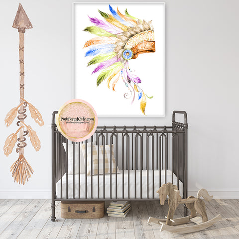 Rainbow Headdress Feather Tribal Boho Wall Art Print Baby Girl Boy Nursery Boho Whimsical Watercolor Printable Decor