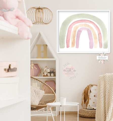 Rainbow Pink Sage Mustard Wall Art Print Watercolor Baby Girl Nursery Printable Decor