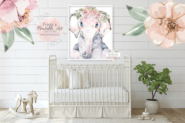 Boho Elephant Wall Art Print Peonies Mandala Nursery Baby Girl Room Bl ...