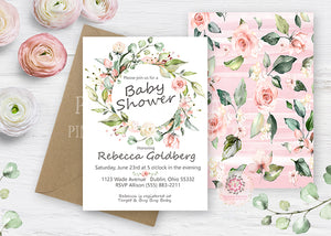 Ivory Rose Blush Baby Shower Wedding Invite Invitation Bridal Wedding 2 Sided Floral Pink Cream Watercolor Printable Announcement