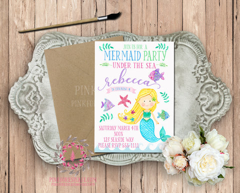 Mermaid Theme Girls Birthday Party Baby Bridal Shower Printable Invitation Invite