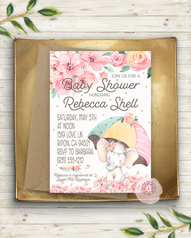 Elephant Party Invite Invitation Baby Shower Boho Watercolor Birth Announcement Birthday Printable