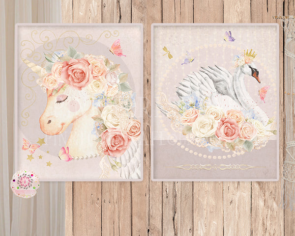 2 Unicorn Swan Nursery Wall Art Print Prints Boho Bohemian Baby Name Blush Room Kids Bedroom Home Printable Decor