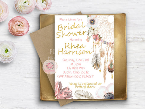 Boho Gold Dreamcatcher Tribal Invite Invitation Bohemian Bridal Baby Shower Birthday Party Anemone Blush Printable Announcement