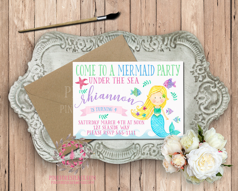 Mermaid Theme Girls Birthday Party Baby Bridal Shower Printable Invitation Invite