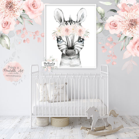 Boho Zebra Blush Peony Wall Art Print Nursery Zoo Baby Girl Room Floral Safari Watercolor Printable Decor