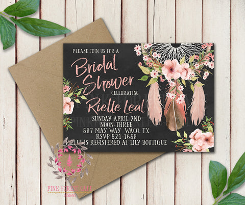 Dreamcatcher Baby Bridal Shower Chalkboard Birthday Party Wedding Invitation Save The Date Announcement Invite Feathers Boho Bohemian Chic Tribal Woodland Watercolor Floral Rustic Printable Art Stationery Card