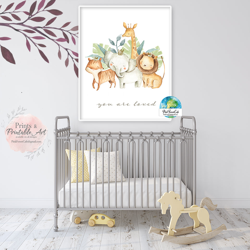 Elephant Giraffe Lion Wall Art Print "You Are Loved" Zoo Nursery Whimsical Jungle Safari Zebra Animal Set Printable Decor