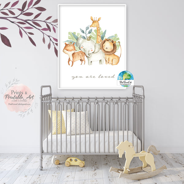 Elephant Giraffe Lion Wall Art Print "You Are Loved" Zoo Nursery Whimsical Jungle Safari Zebra Animal Set Printable Decor