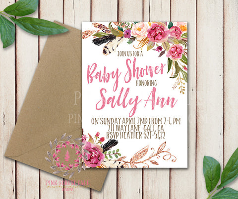 Baby Bridal Shower Birthday Party Wedding Invitation Save The Date Announcement Invite Feathers Tribal Woodland Watercolor Floral Rustic Printable Art Stationery Card