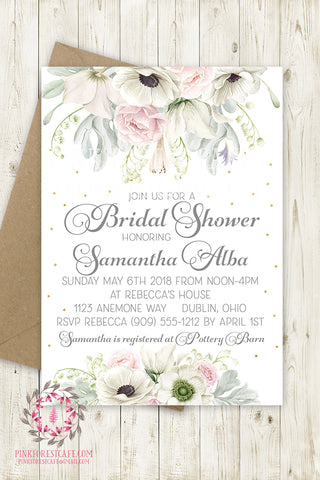 Anemone Blush Gold Bridal Shower Invite Invitation Wedding Save The Date Floral Watercolor Printable Announcement