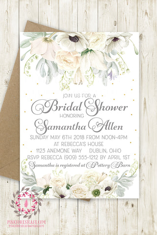 White Anemone Gold Bridal Shower Invite Invitation Wedding Save The Date Floral Watercolor Printable Announcement