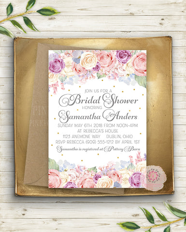 Pink Cream Blush Gold Bridal Baby Shower Invite Invitation Wedding Save The Date Floral Lavender Purple Watercolor Printable Announcement