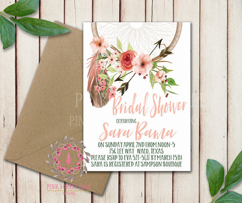 Dreamcatcher Baby Bridal Shower Chalkboard Birthday Party Wedding Invitation Save The Date Announcement Invite Feathers Boho Bohemian Chic Tribal Woodland Watercolor Floral Rustic Printable Art Stationery Card