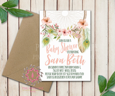 Dreamcatcher Baby Bridal Shower Chalkboard Birthday Party Wedding Invitation Save The Date Announcement Invite Feathers Boho Bohemian Chic Tribal Woodland Watercolor Floral Rustic Printable Art Stationery Card