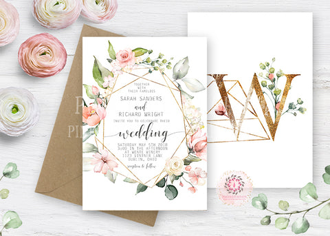 Gold Geometric Modern Ivory Rose Blush Wedding Invite Invitation Bridal Baby Shower 2 Sided Floral Pink Cream Watercolor Printable Announcement