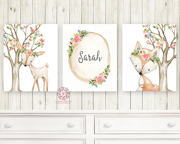 3 Boho Deer Fox Baby Name Wall Art Print Woodland Printable Nursery Baby Girl Room Set Lot Watercolor Personalized Birth Stats Décor