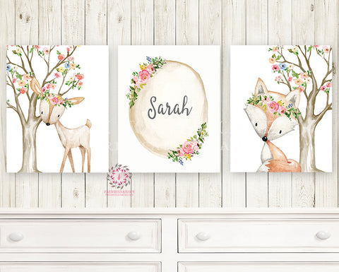 3 Boho Deer Fox Baby Name Wall Art Print Woodland Nursery Baby Girl Room Set Lot Watercolor Personalized Prints Printable Decor