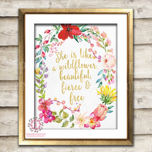 She Is Like A Wildflower Beautiful Fierce And Free Printable Wall Art Print Baby Girl Boho Nursery Room Watercolor Floral Decor