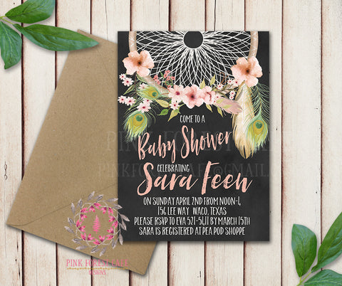 Dreamcatcher Baby Bridal Shower Chalkboard Birthday Party Wedding Invitation Save The Date Announcement Invite Feathers Boho Bohemian Chic Tribal Woodland Watercolor Floral Rustic Printable Art Stationery Card